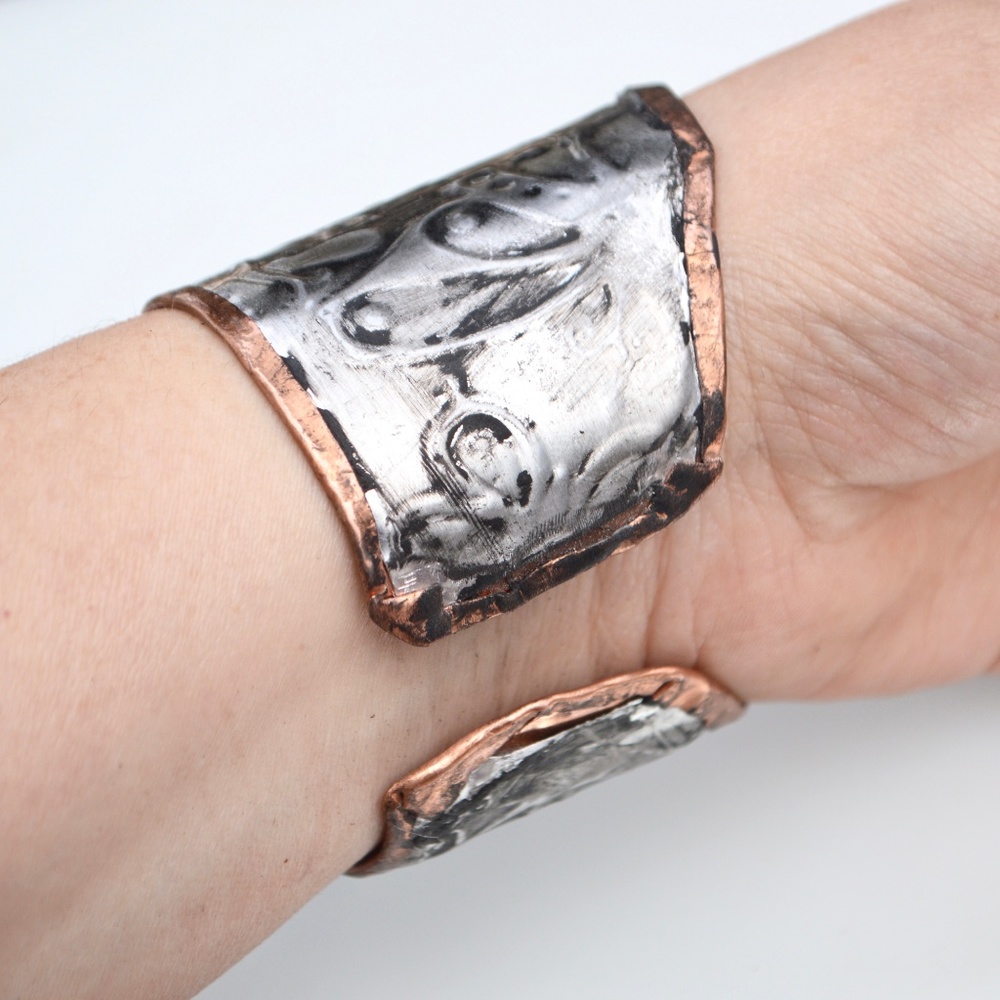 Butterfly Silver Pure Copper Wide Cuff Bracelet Handmade Embossed Rustic Boho - Picture 6 of 7